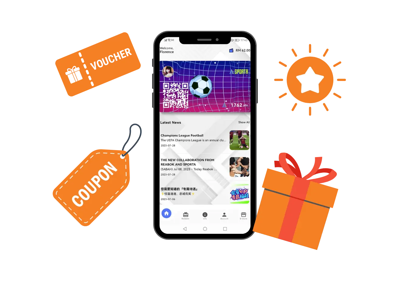 phone with screenshot of app with vouchers and coupons around it